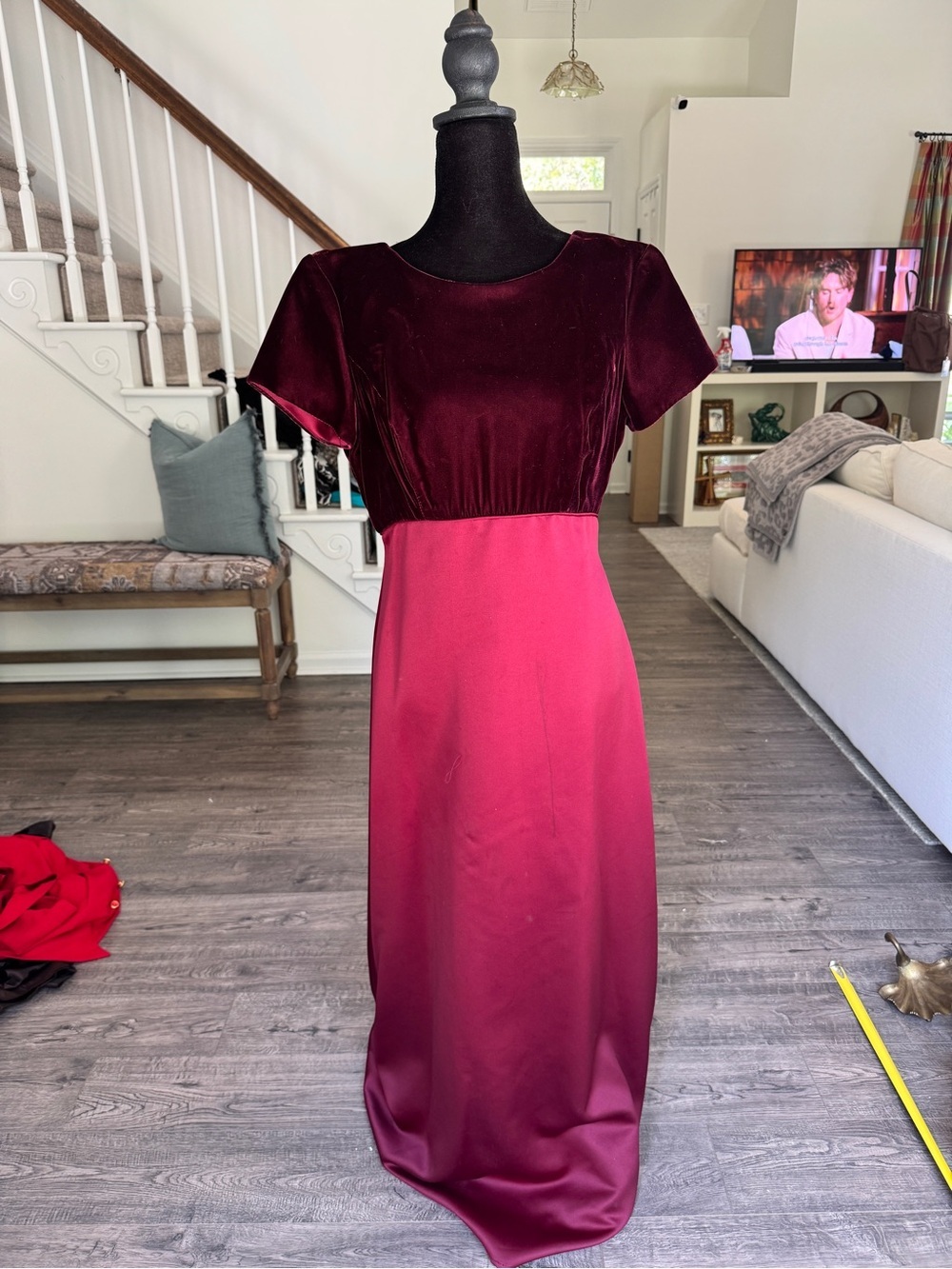 Cachet Two-Tone Burgundy Velvet Bodice Maxi Dress